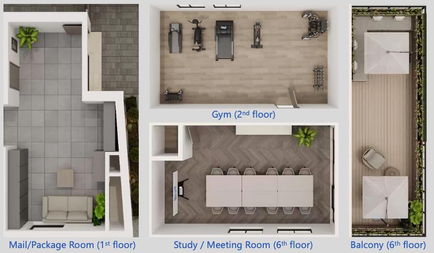 Amenity floor plan showing study, wellness, and rooftop spaces at 1165 WEST