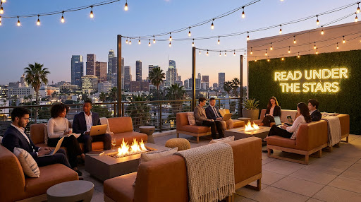 Luxury co-living rooftop terrace at dusk with students and skyline