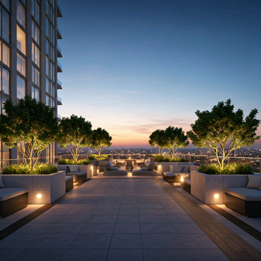 Rooftop terrace walkway with evening skyline and planting