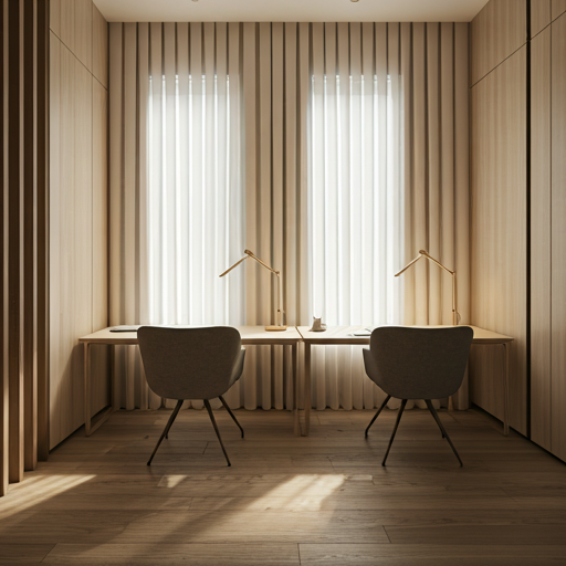 Two quiet study desks by bright windows with warm wood finishes