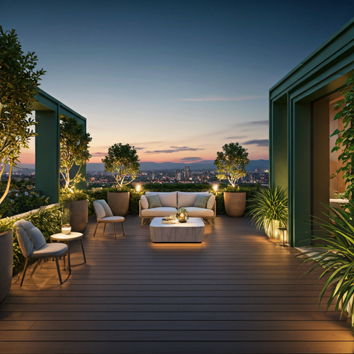 Rooftop lounge seating with warm evening light and skyline views